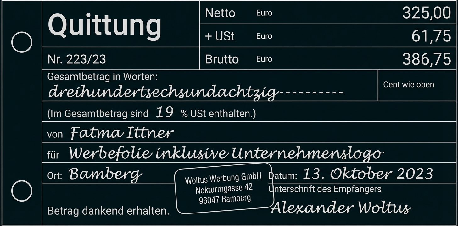 Quittung: Netto 325,00 €, USt 61,75 €, Brutto 386,75 €, Datum 13. Oktober 2023, Firmenstempel und Unterschrift.